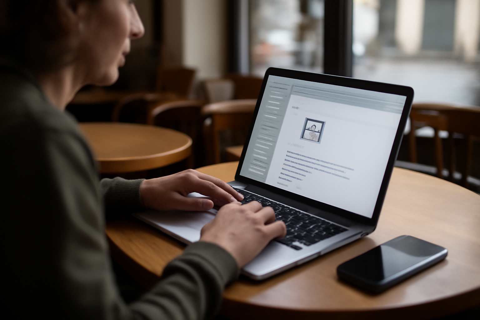 Personne tenant un smartphone et consultant un e-mail sur un ordinateur portable dans un café