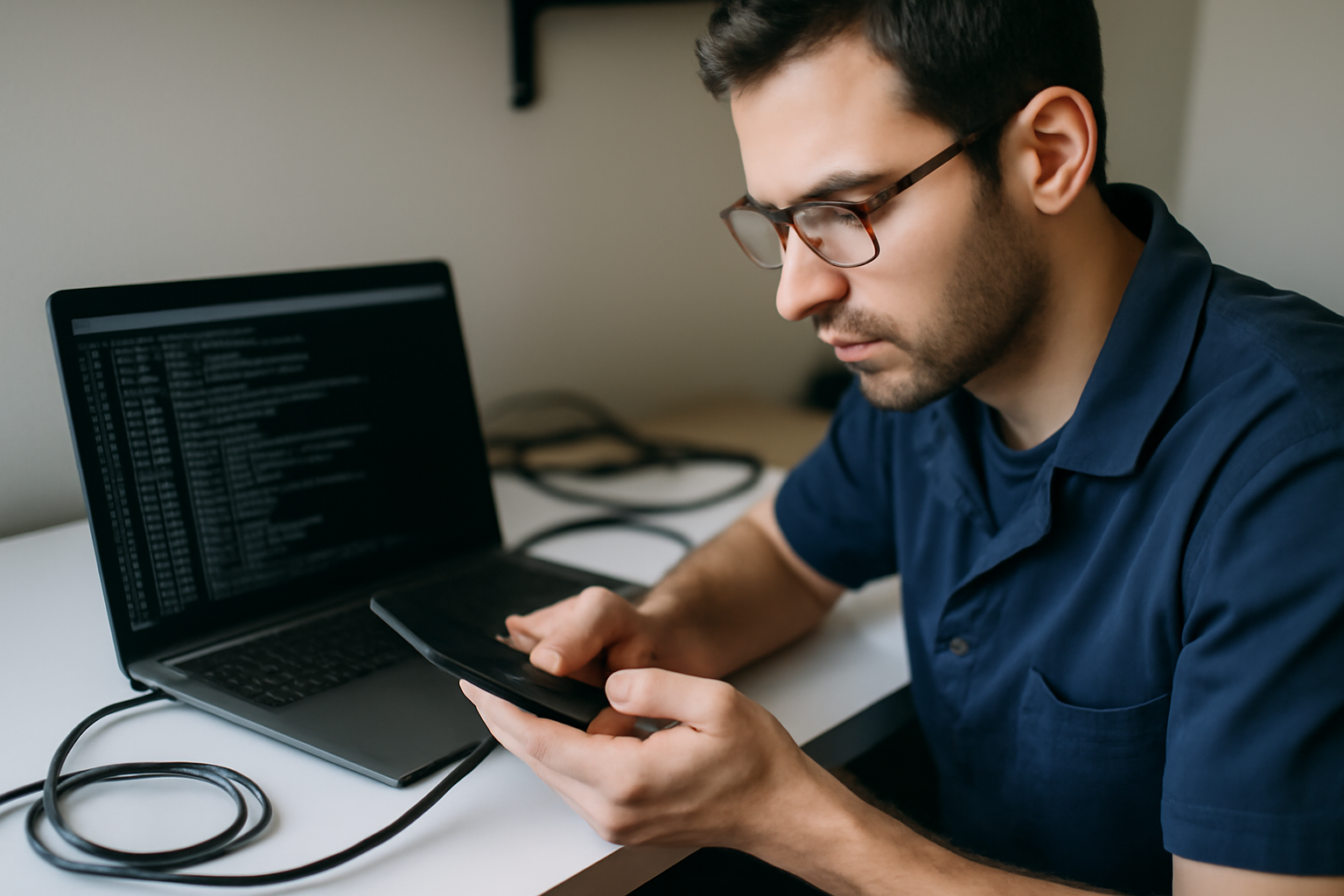 Technicien smartphone utilisant un ordinateur pour diagnostiquer un problème réseau