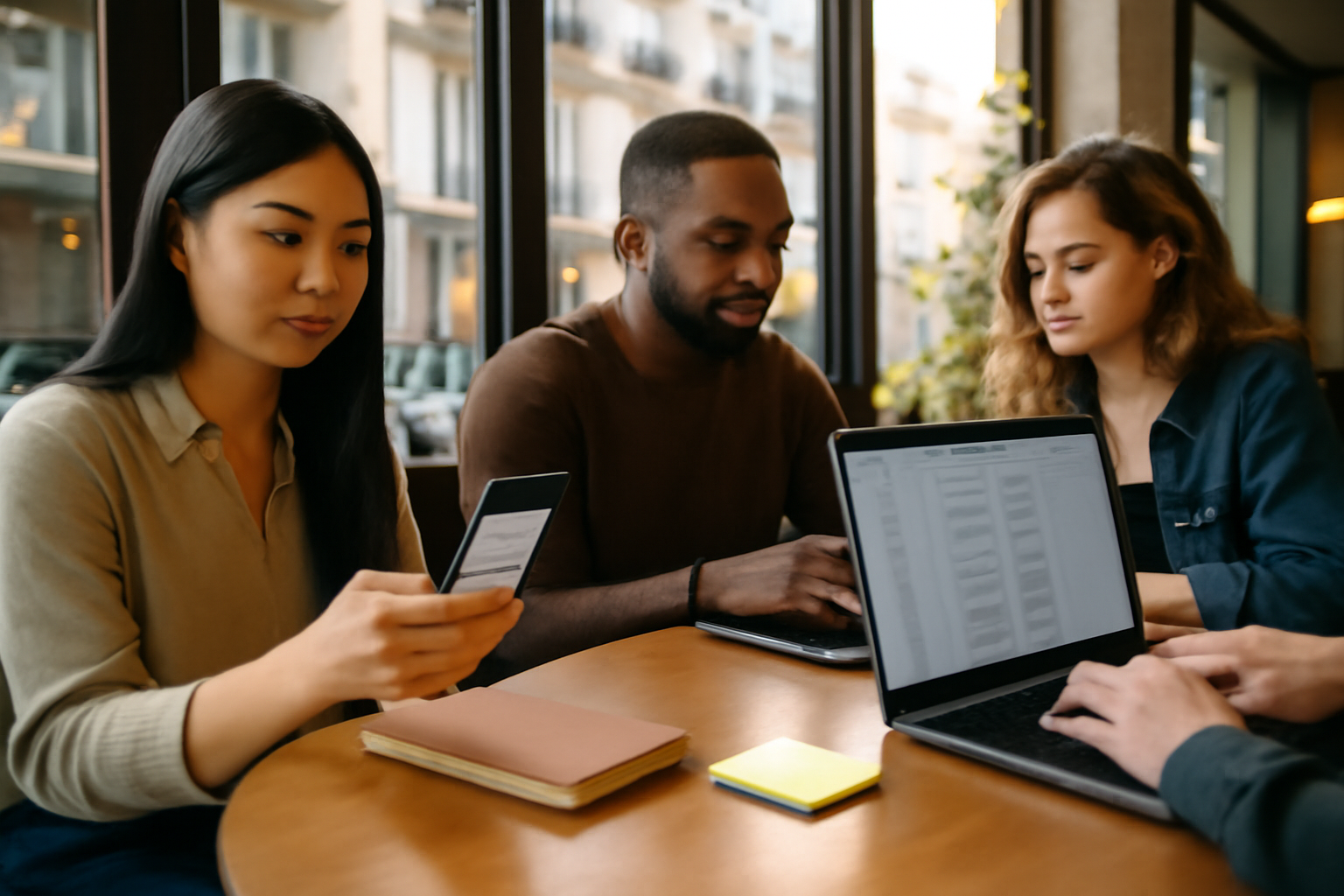 Crowdsourcing : des contributeurs en équipe sur une plateforme web, smartphone et laptop en environnement réel