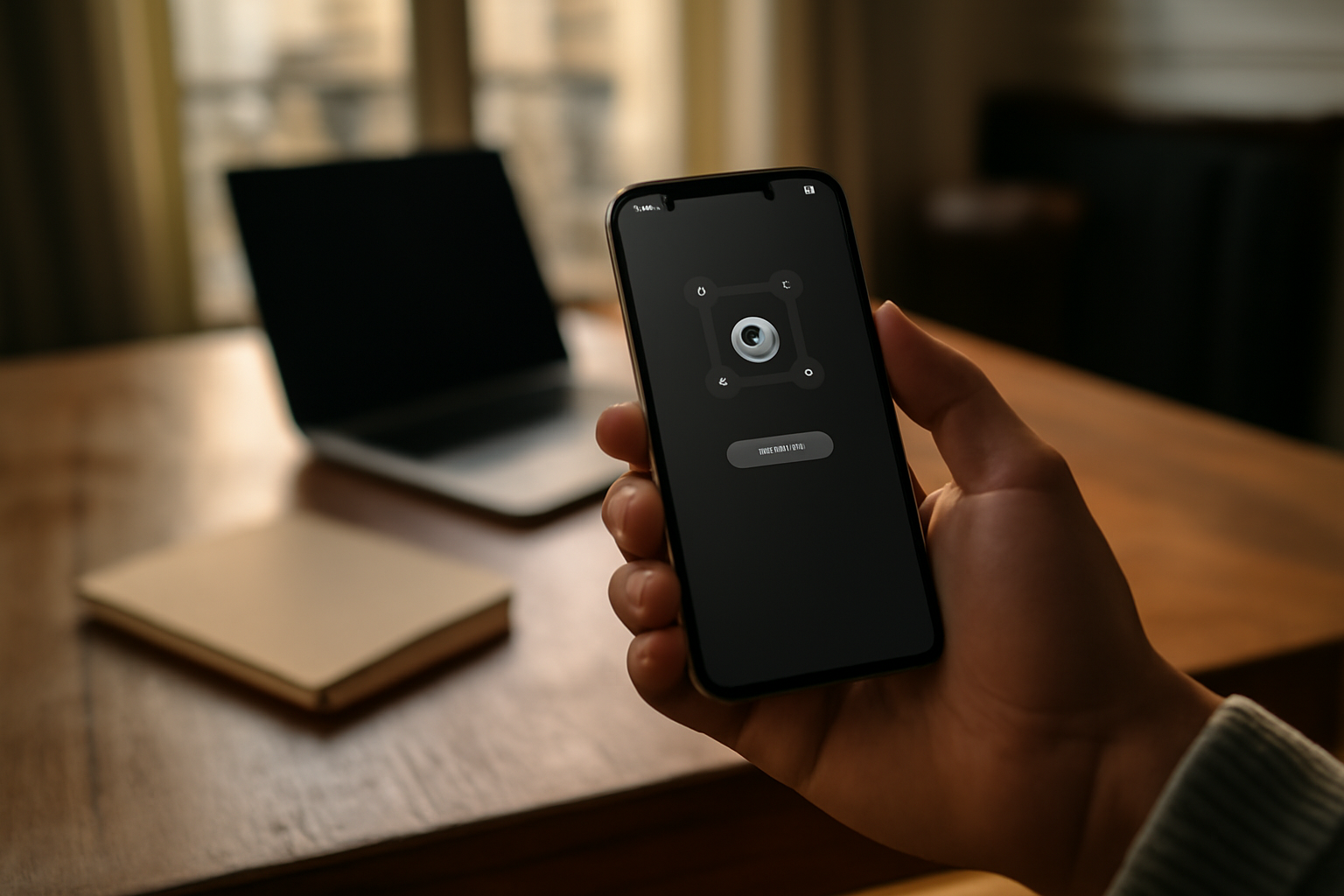 facecheck id : recherche faciale par photo sur smartphone en conditions réelles, intérieur lumineux, écran affichant un résultat