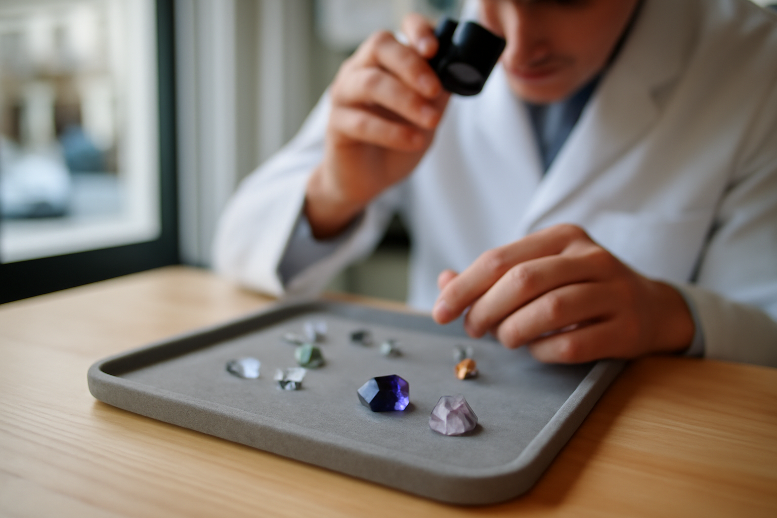 gems pierres précieuses sur plateau de joaillier en lumière du jour