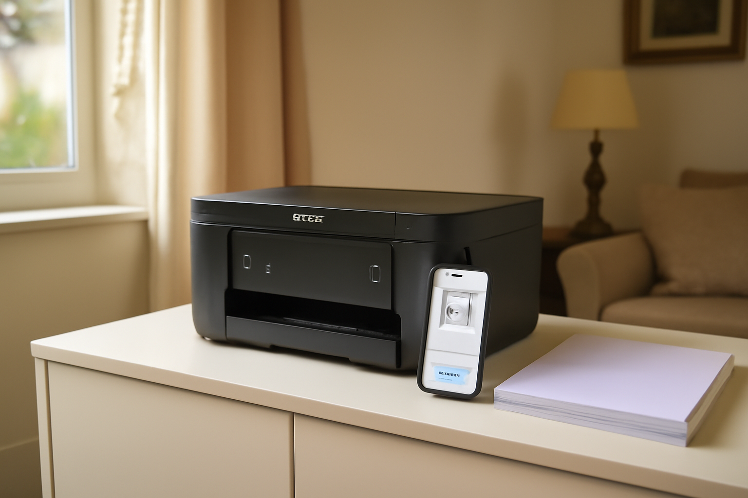 Imprimante en wifi Epson sur bureau à domicile en lumière du matin, smartphone et papier A4