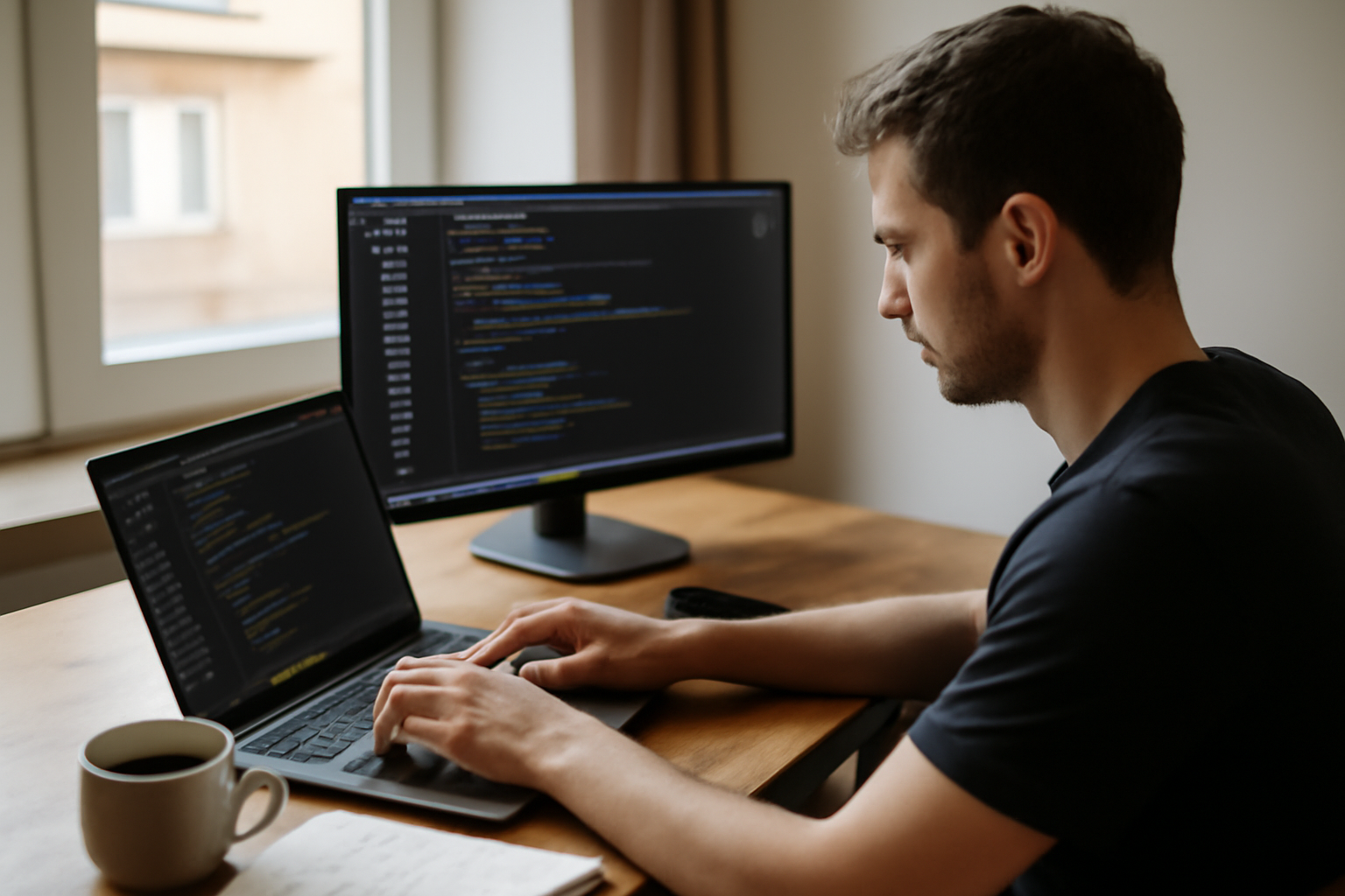 logiciel de programmation sur écran avec IDE ouvert et développeur au bureau