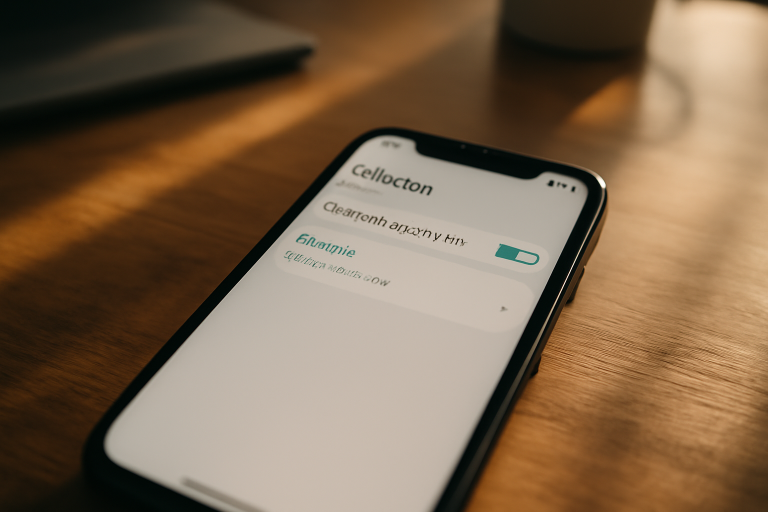 Smartphone sur une table, écran affichant l’activation de l’économiseur de batterie et l’espace de stockage disponible