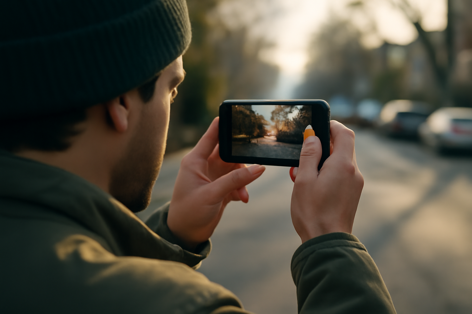 Personne prenant une photo en extérieur avec le mode HDR et la stabilisation sur smartphone