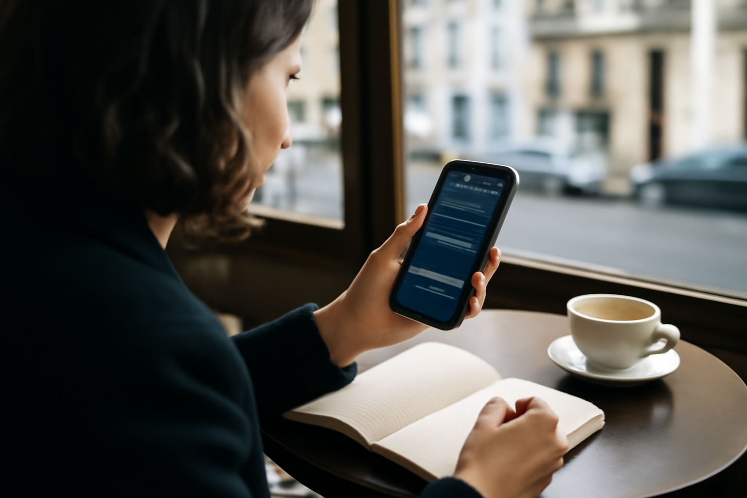 spicy chat : téléphone en main, chat IA affiché sur écran, café en arrière-plan