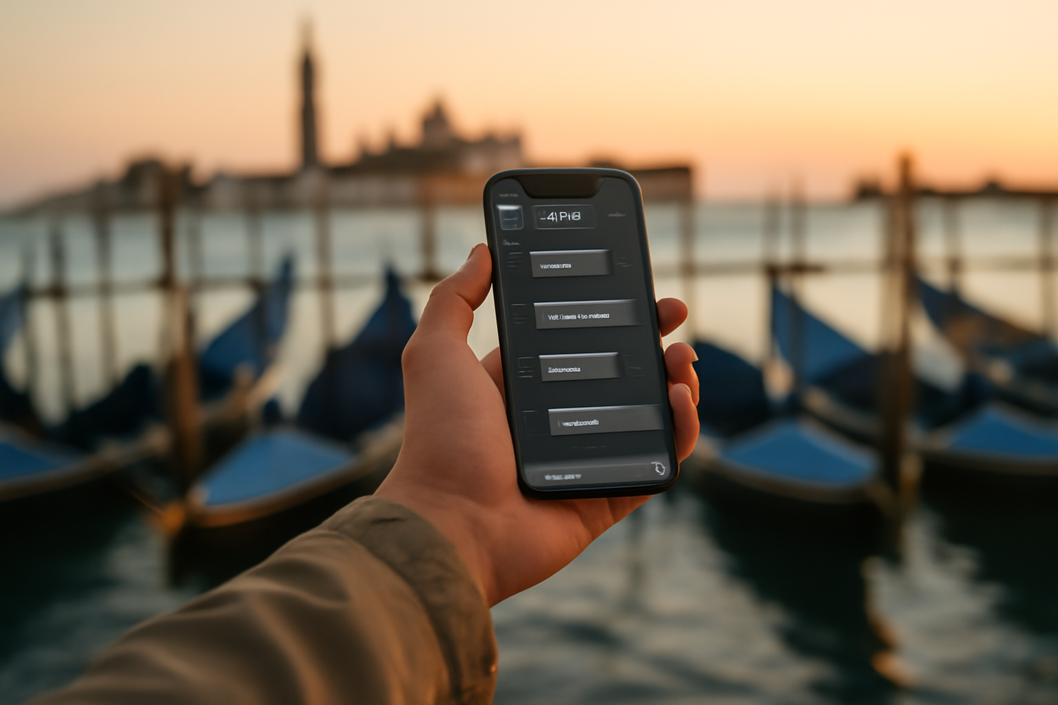 venise ai sur smartphone en interface IA privée, scène réaliste à Venise au coucher du soleil