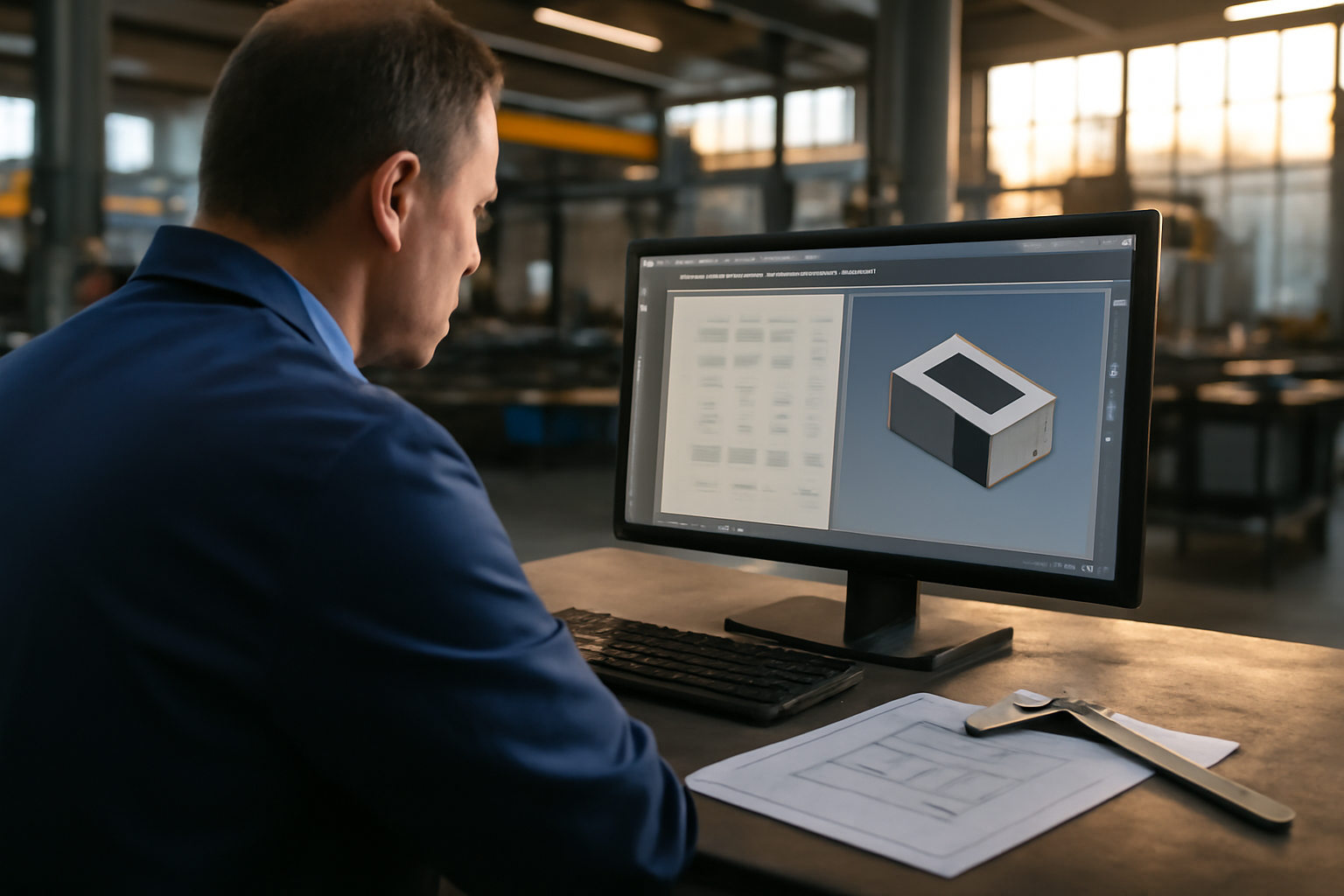 dessin industriel logiciel sur écran avec plans techniques et cotations