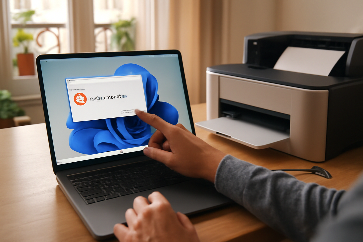 imprimante affichant une erreur pilote indisponible sur un PC Windows, bureau en lumière du jour