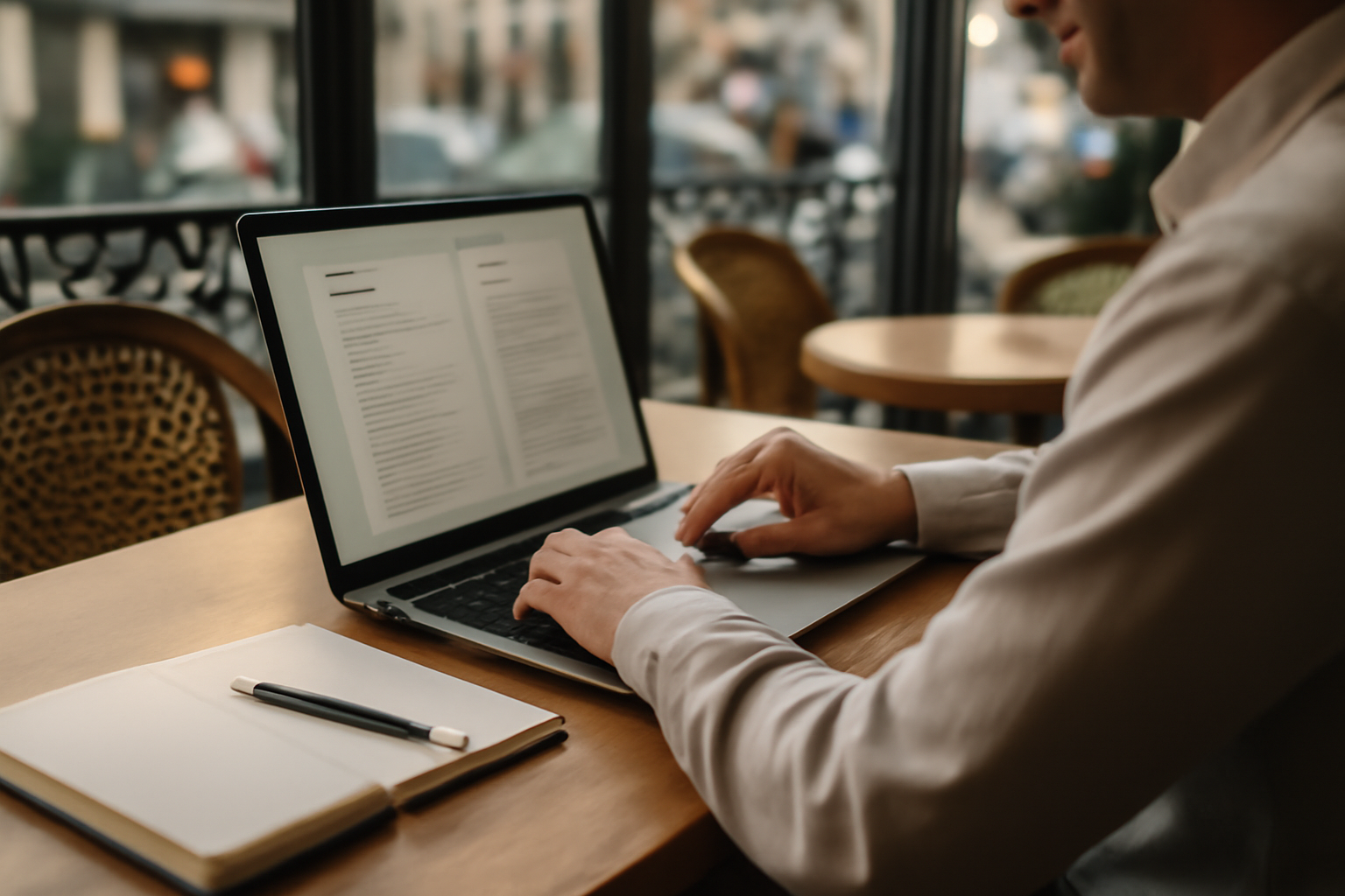 Capture d’écran de jobscan comparant un CV et une offre d’emploi sur un ordinateur portable en café, lumière naturelle