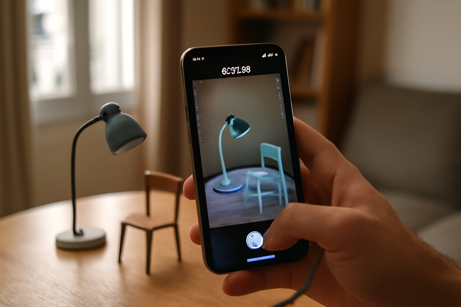 Capture 3D avec polycam sur smartphone en intérieur, lumière naturelle, objet sur table