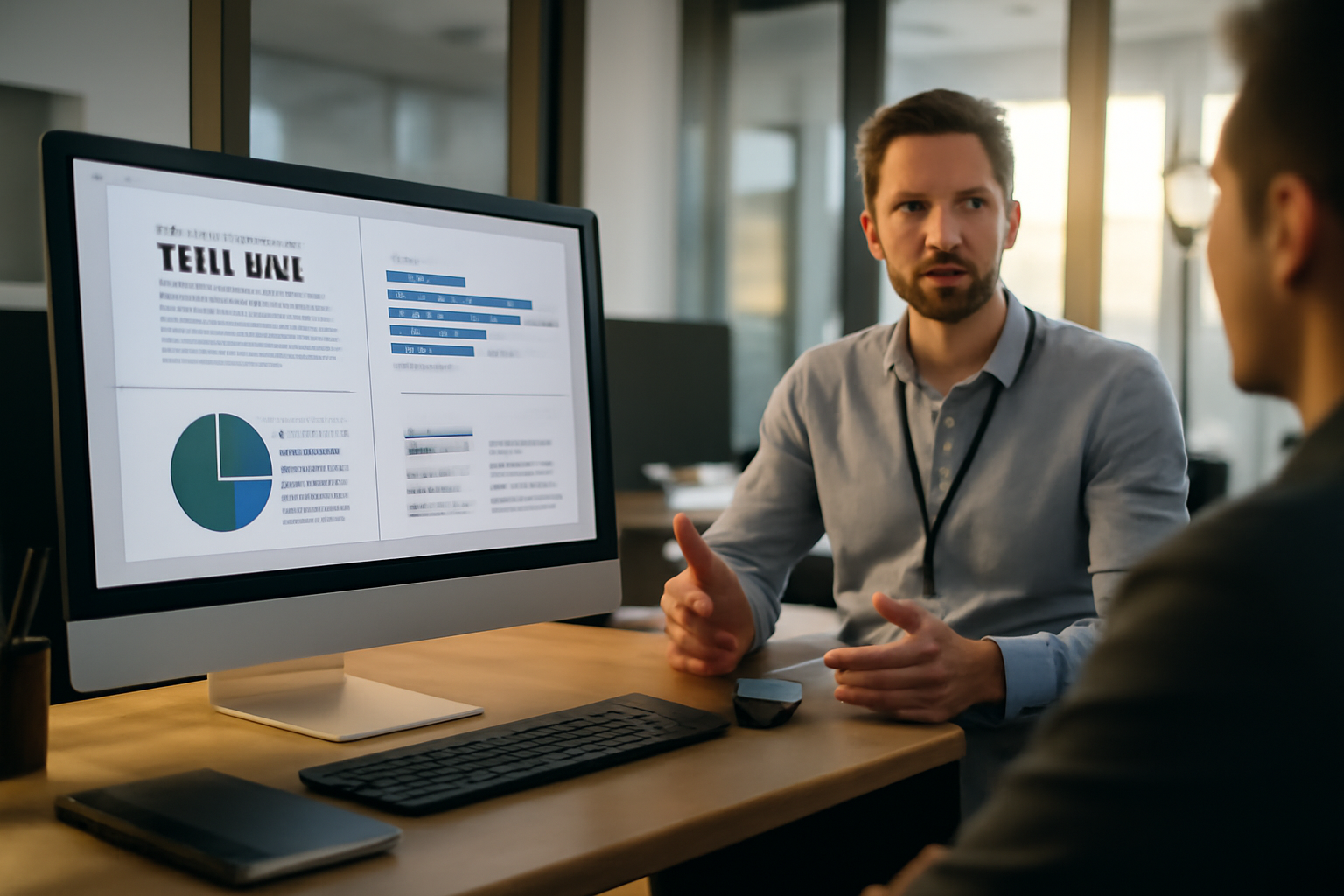 Présentation IA slidespeak sur un écran d’ordinateur en entreprise, équipe marketing en arrière-plan